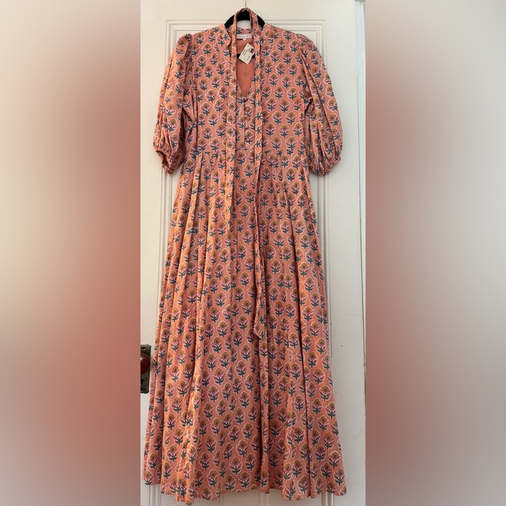 Marea Orange V-Neck Sundress with Bishop Sleeves, and a belt- with tags.